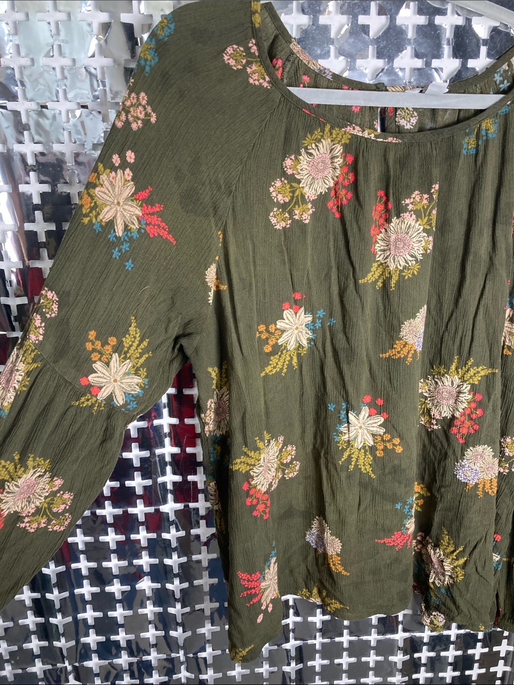 Sonoma Olive Green Floral Peasant Top - Picture 3 of 5